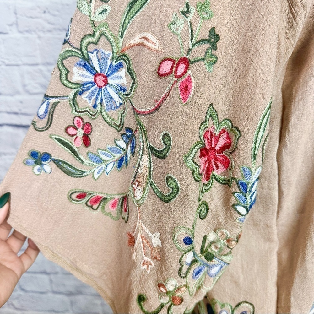 Fun In Florals Mocha Floral Embroidered Long Tan Cardigan Kimono - Picture 7 of 9